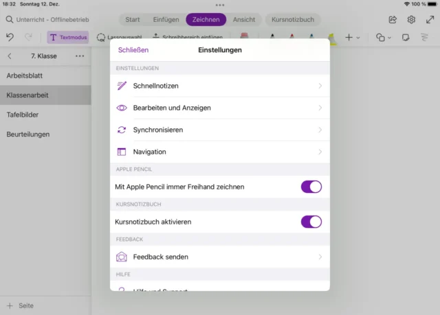 Einstellungen in der OneNote-App fürs iPad