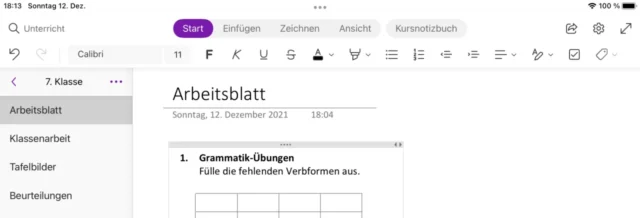Menüleiste in der OneNote-App