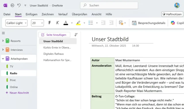 Beitragstext in OneNote
