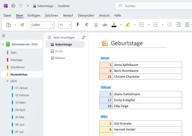 Geburtstagskalender in OneNote