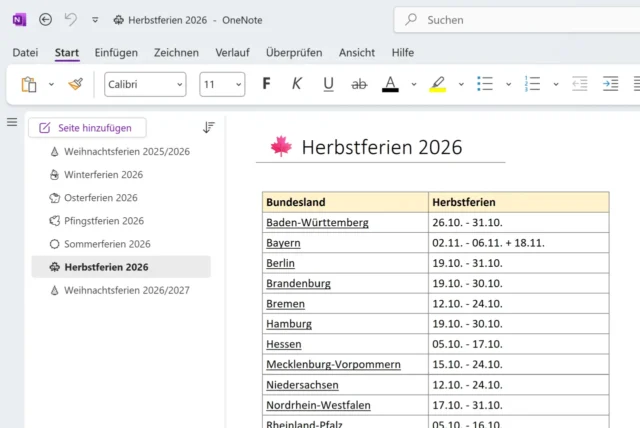 Schulferien 2026 im Jahreskalender für OneNote