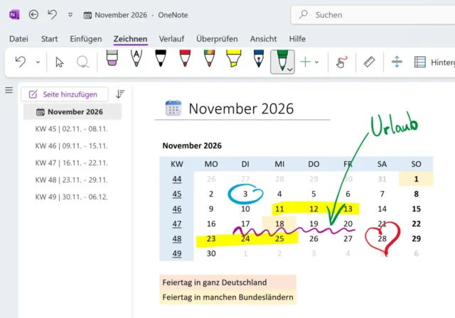 Monatskalender 2026 mit Markierungen