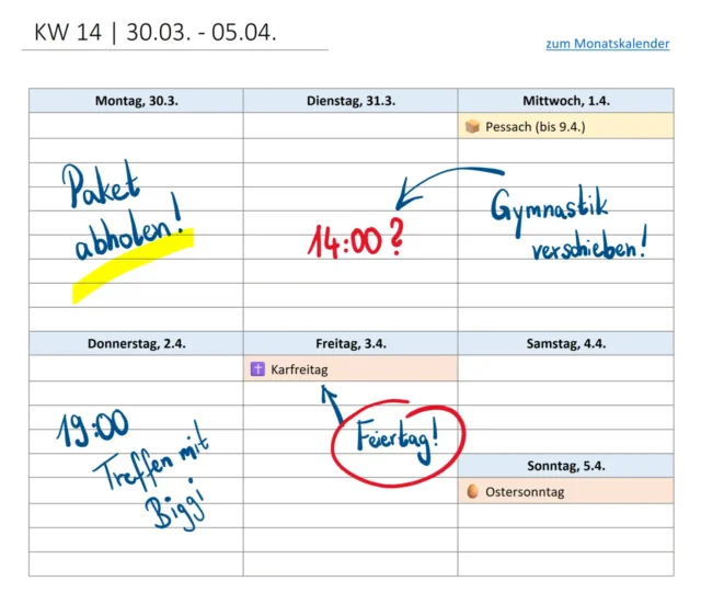 Notizen auf Kalenderseite