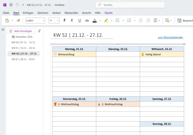 Tabelle für Kalender in OneNote