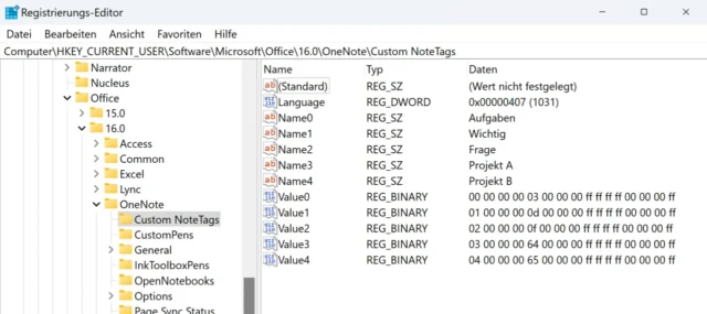 Kategorien in OneNote als Schlüssel in der Registry