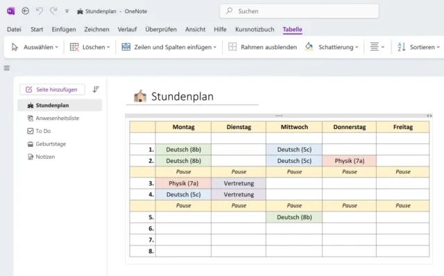 Tabelle als Stundenplan-Vorlage