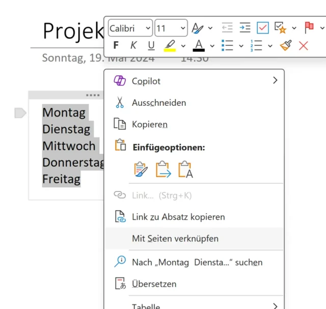 Seite verknüpfen im Kontextmenü