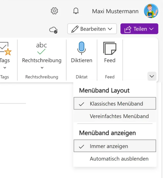 Layout für Menüband wechseln in OneNote Online