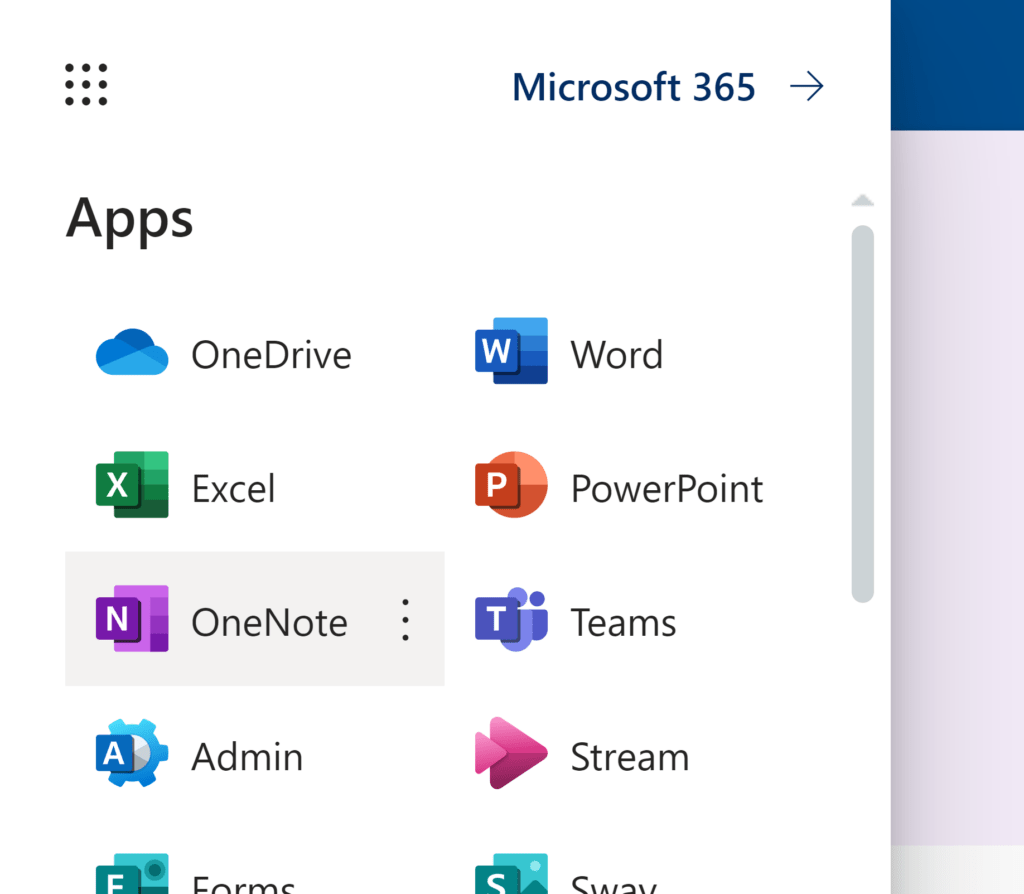 OneNote im App-Menü von Microsoft 365