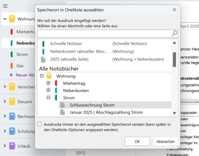 Speicherort in OneNote auswählen
