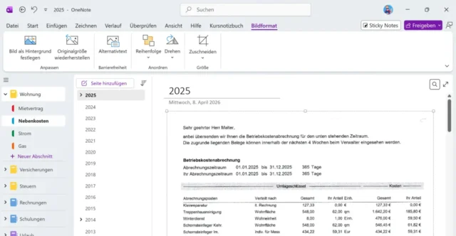Nebenkostenabrechnung in OneNote