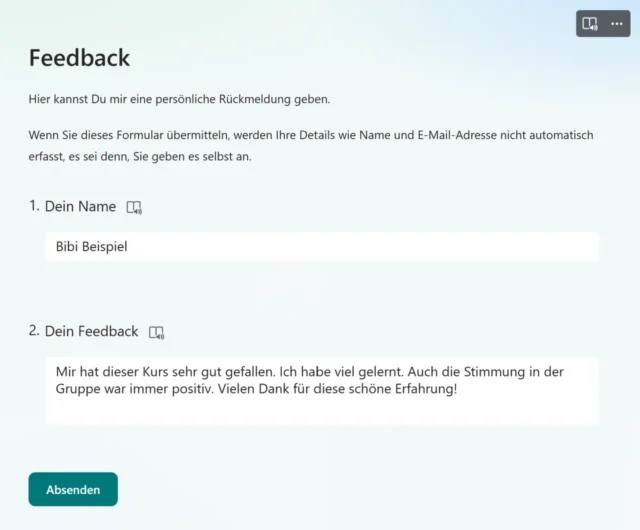 ausgefülltes Formular in Microsoft Forms