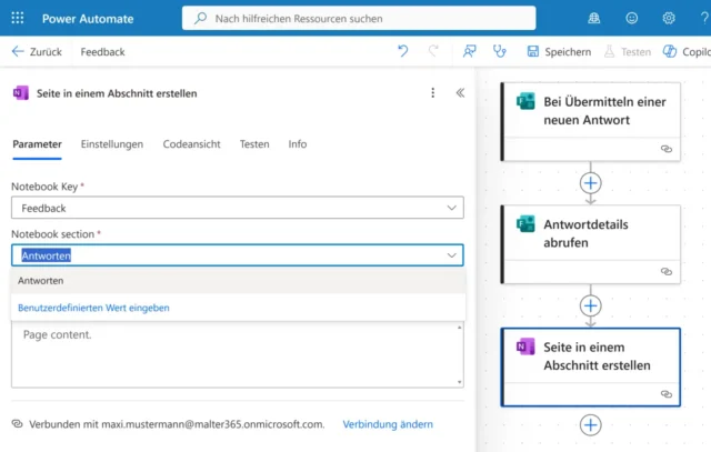 Aktion für OneNote in Power Automate