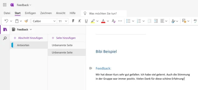 automatisch eingefügte Seite in OneNote Online