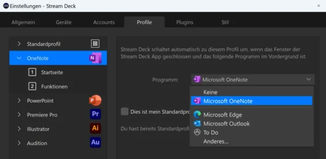 Profil anzeigen, wenn OneNote gestartet wird