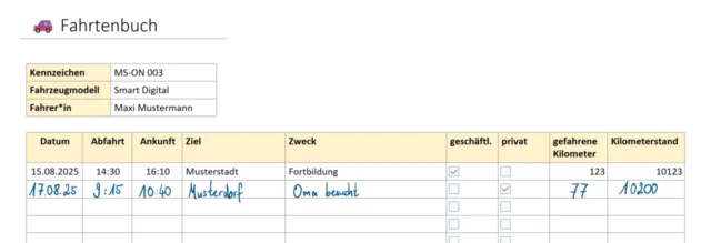 Vorlage für Fahrtenbuch