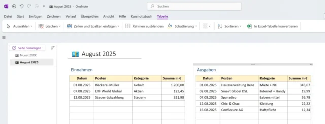 Haushaltsbuch führen in OneNote
