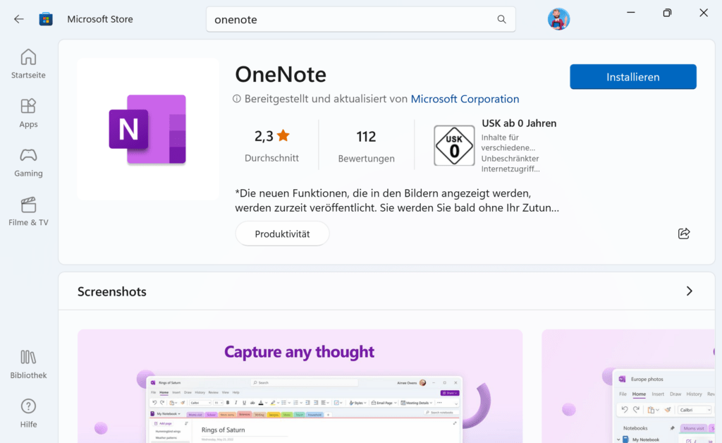 Download von OneNote im Microsoft Store