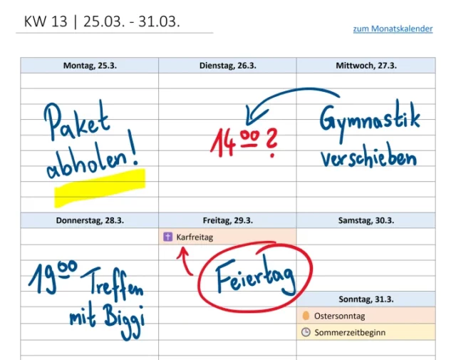 handschriftliche Notizen im OneNote-Kalender
