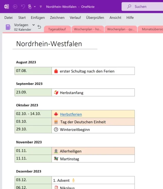 Übersicht für Schulferien