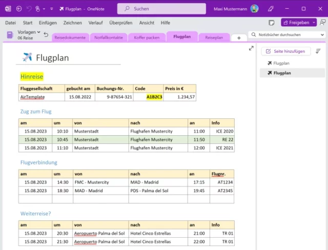 Flugplan in OneNote