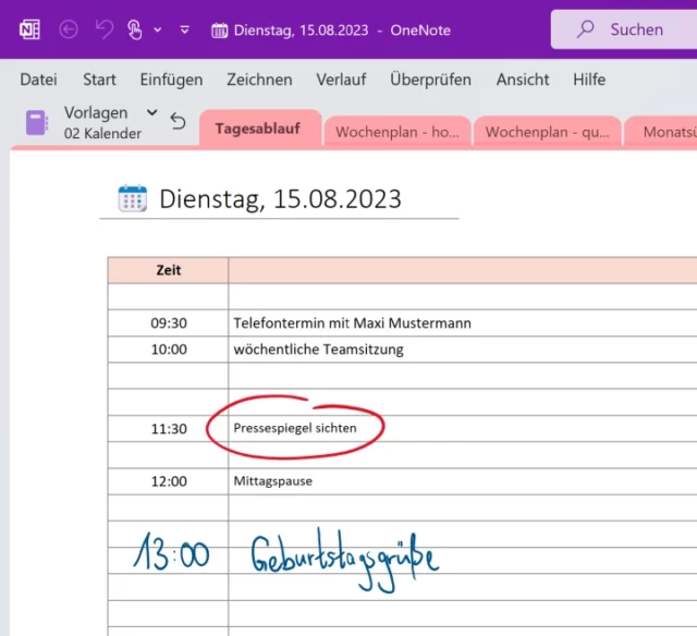 Tagesablauf in OneNote