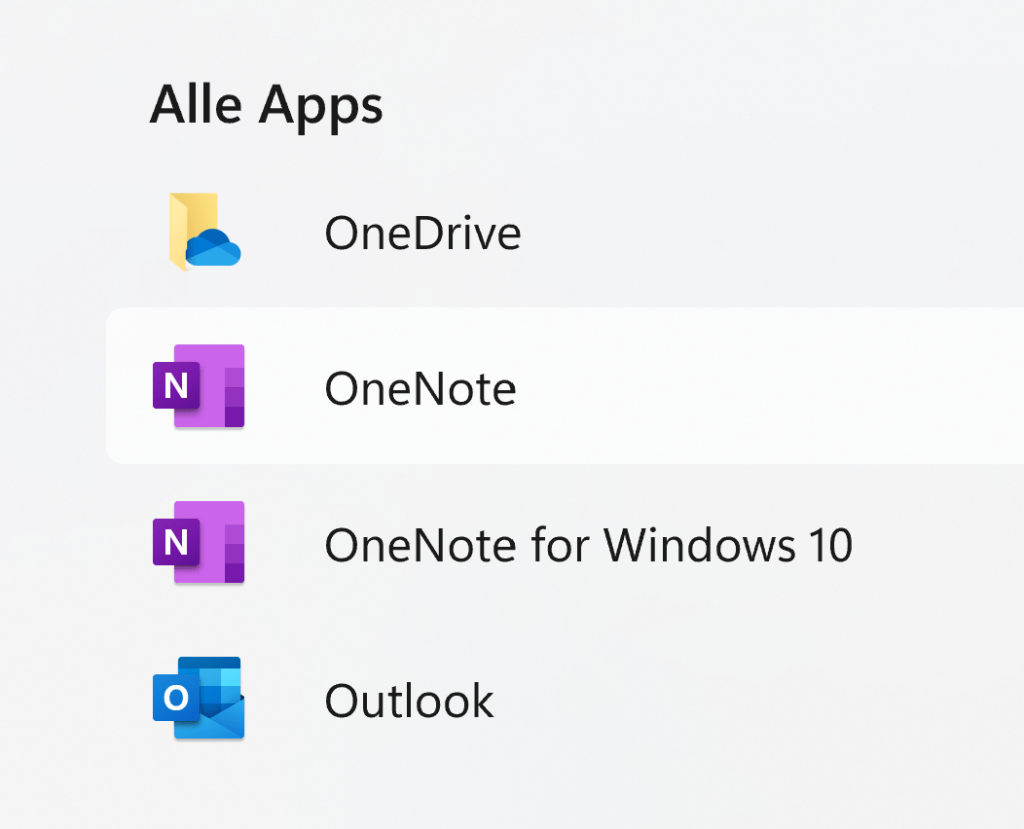 OneNote im Startmenü von Windows 11