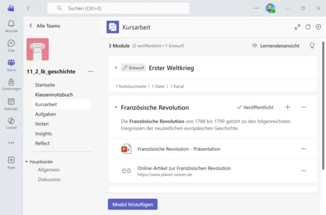Kursarbeit für Lernmodule in Microsoft Teams