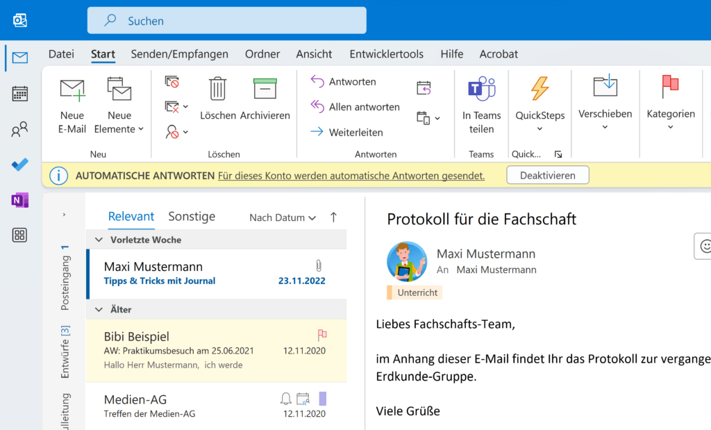 Hinweis zur Abwesenheitsnotiz in Outlook für Windows