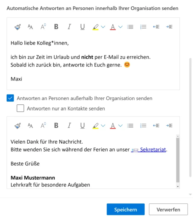 einfacher Text für Abwesenheitsnotiz in Outlook Online