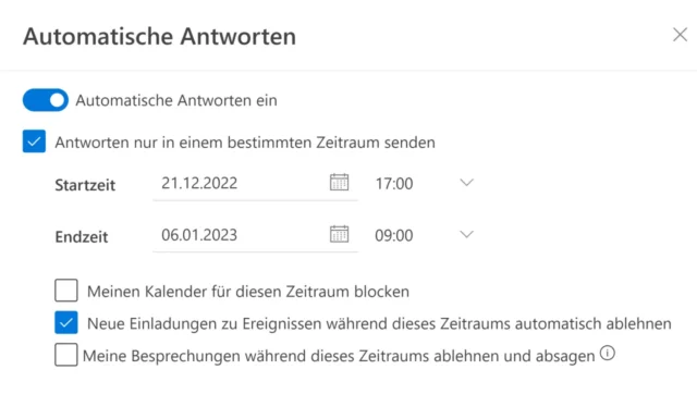 Zeitraum für Automatische Antworten festlegen
