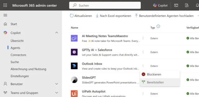 Copilot Agents im Admin Center von Microsoft 365