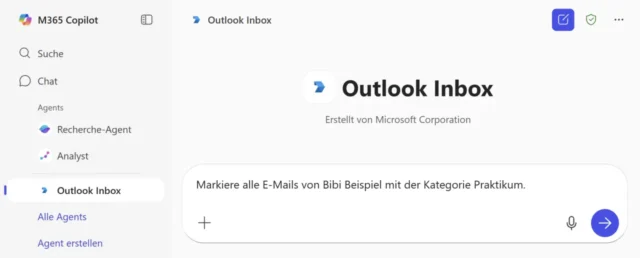 Outlook Inbox für M365 Copilot mit Prompt im Eingabefeld
