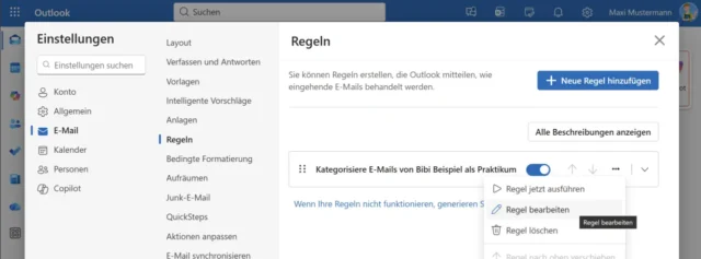Regeln in den Einstellungen von Outlook Online