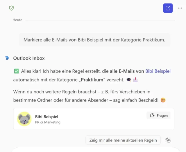 Antwort von Copilot: E-Mail-Regel erfolgreich erstellt