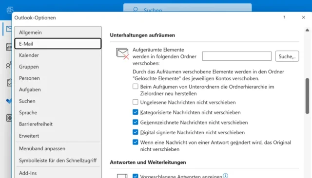 Unterhaltungen aufräumen – Optionen in Outlook