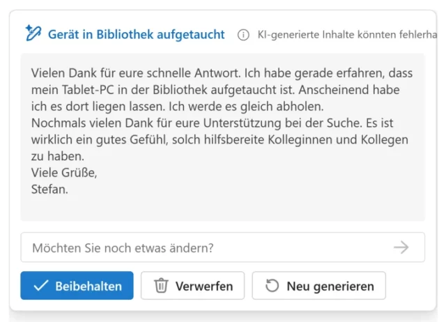 KI-generierter Entwurf in Outlook