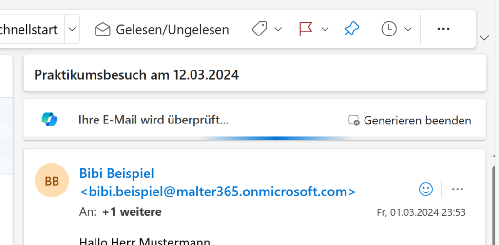 Copilot liest E-Mail in Outlook aus.