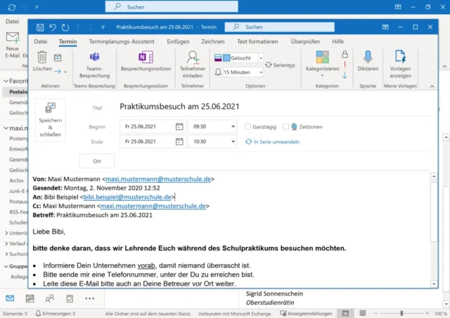 Termin in Outlook – erstellt aus einer E-Mail im Posteingang
