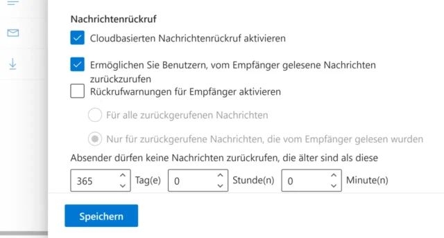 Optionen für Nachrichtenrückruf im Exchange Admin Center