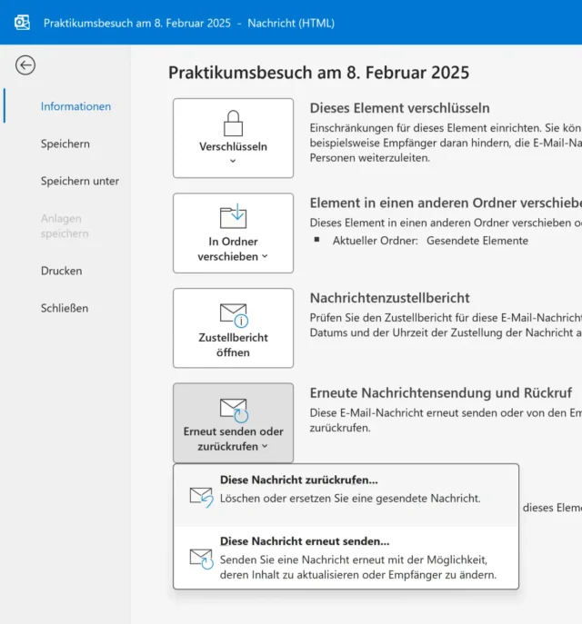 Nachrichtenrückruf unter Datei • Informationen
