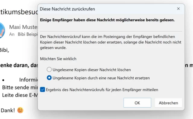 Optionen für Nachrichtenrückruf in Outlook (classic)