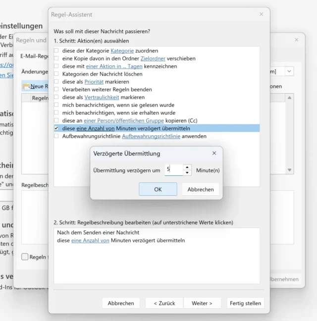 Regel-Assistent in Outlook für zeitverzögerte E-Mails