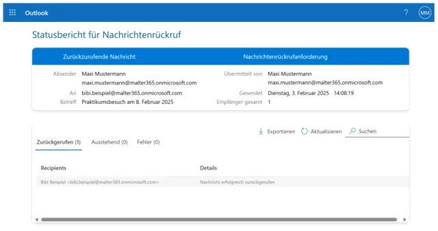 Statusbericht für Nachrichtenrückruf mit Microsoft 365