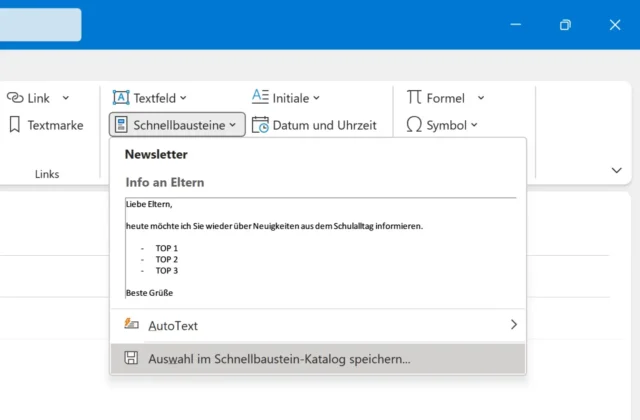 Schnellbausteine in Outlook speichern