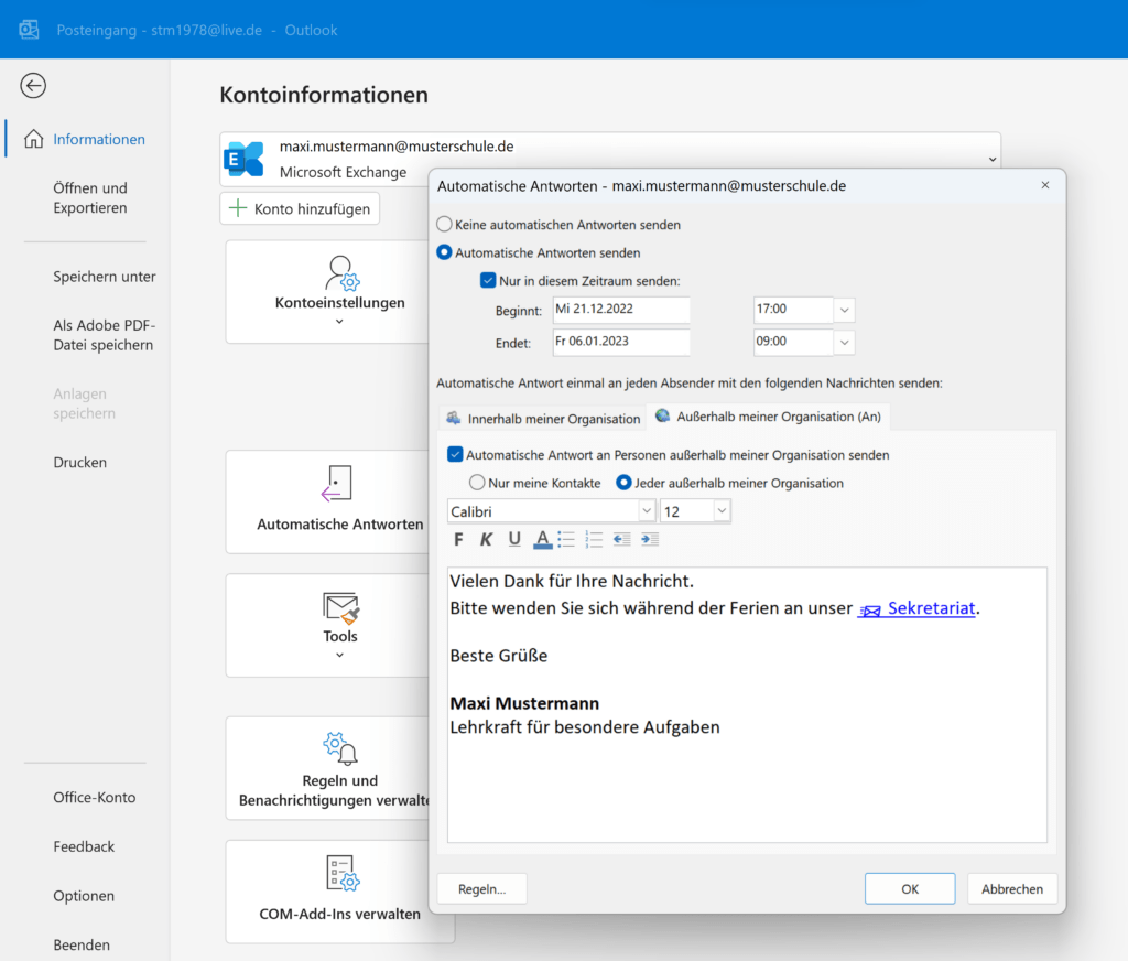 Abwesenheitsnotiz in Outlook (Desktop) einrichten