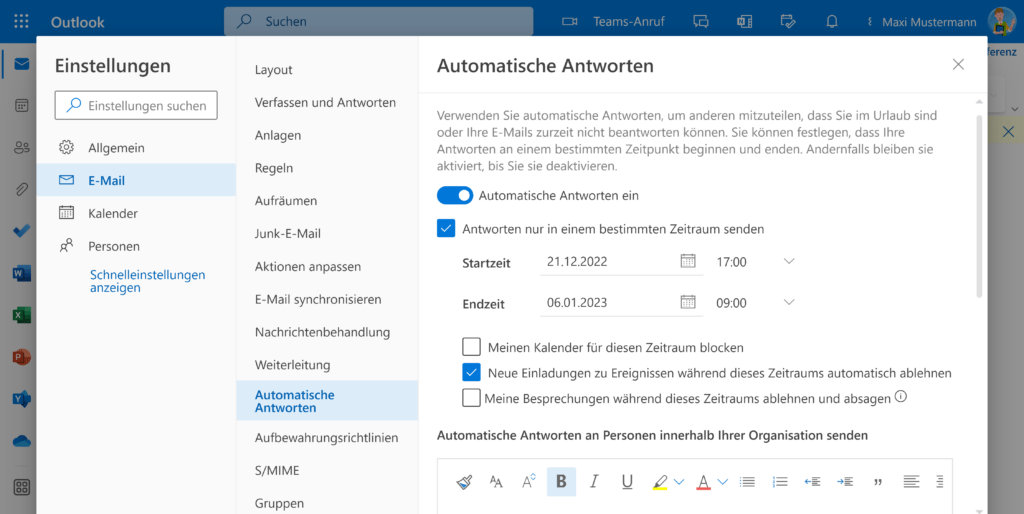 Automatische Antworten in Outlook Online einrichten