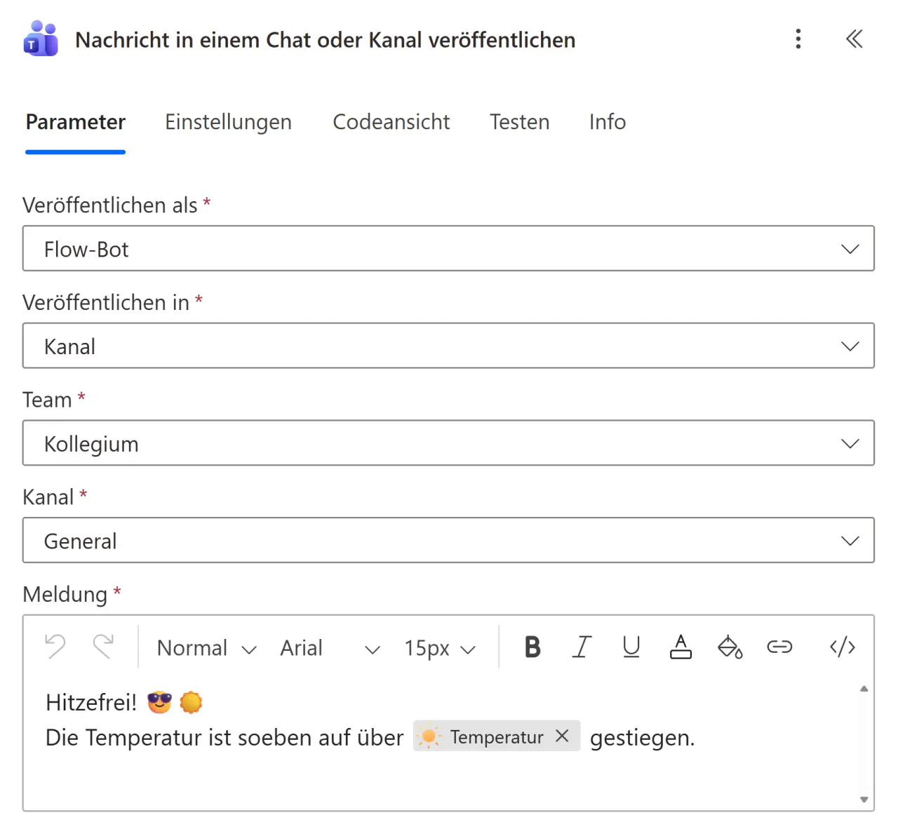 automatische Aktion: Nachricht in Microsoft Teams