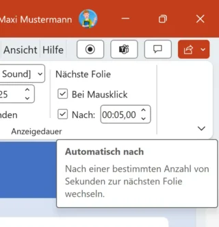 Anzeigedauer für Folie festlegen