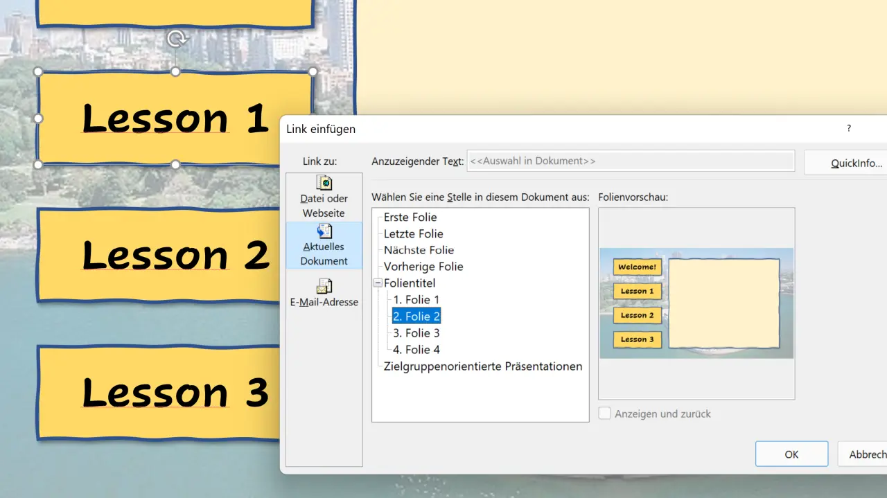 Link einfügen zu einer Folie in PowerPoint